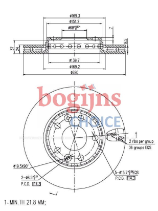 BOSCH 0 986 479 W70 Remschijf voor (280x114.3x24mm)